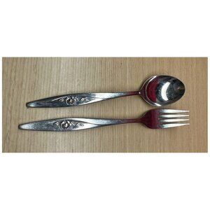 Oneidacraft Lasting Rose Pattern Stainless Steel Dinner Table Fork + Soup Spoon